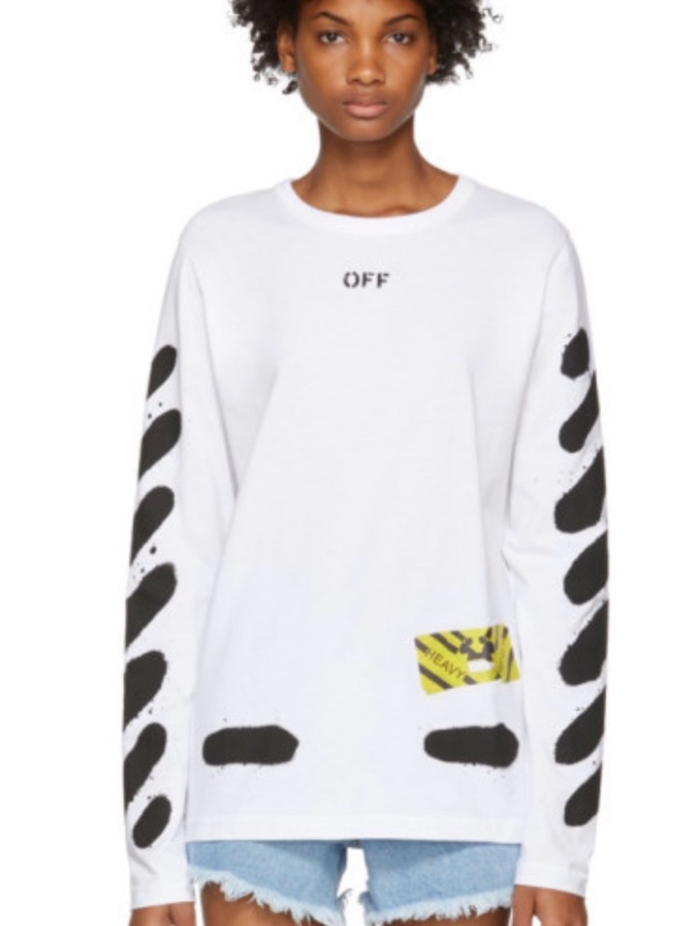 Off-White White Long Sleeve Tee with Black Sleeve Arrows and Yellow Tape